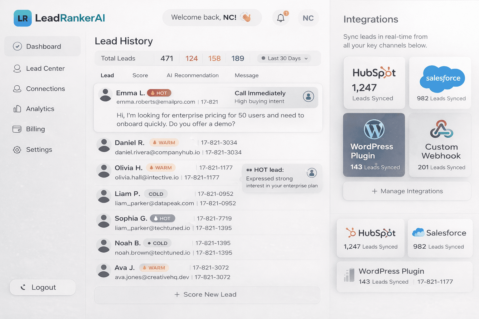 LeadRankerAI dashboard — AI lead scoring with HOT WARM COLD buckets, Live Lead Pulse, and CRM integrations